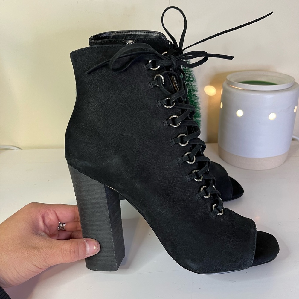 Steve Madden Freemee Black Nubuck Leather Peep-Toe Booties - Picture 3 of 8